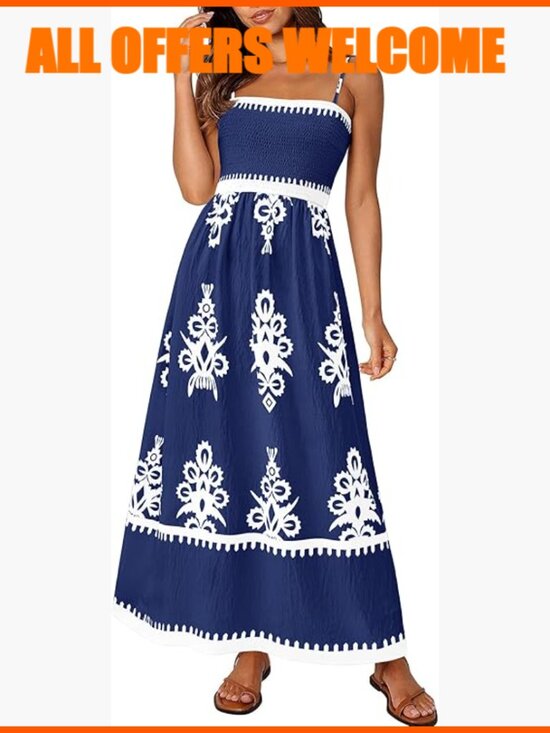 Dresses & Skirts - Floral Maxi Sundress with Spaghetti Straps and Pockets